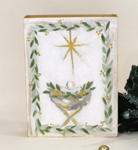 Handpainted Glittered Box Sign Manger with Star 6x8''