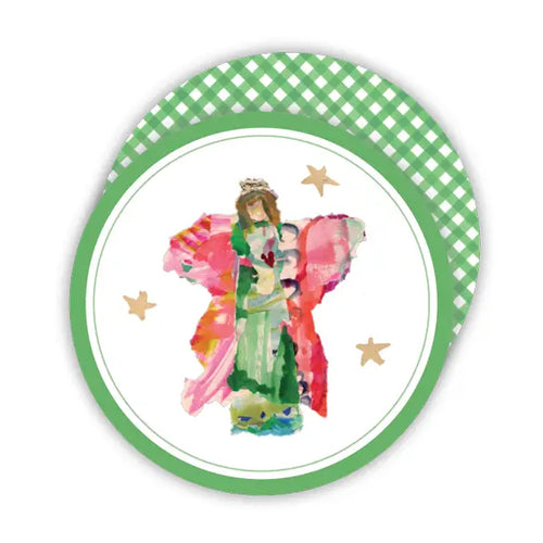 Green Angel with Gingham Round Coaster- 20 Ct