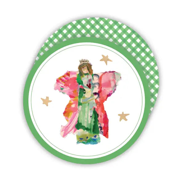 Green Angel with Gingham Round Coaster- 20 Ct