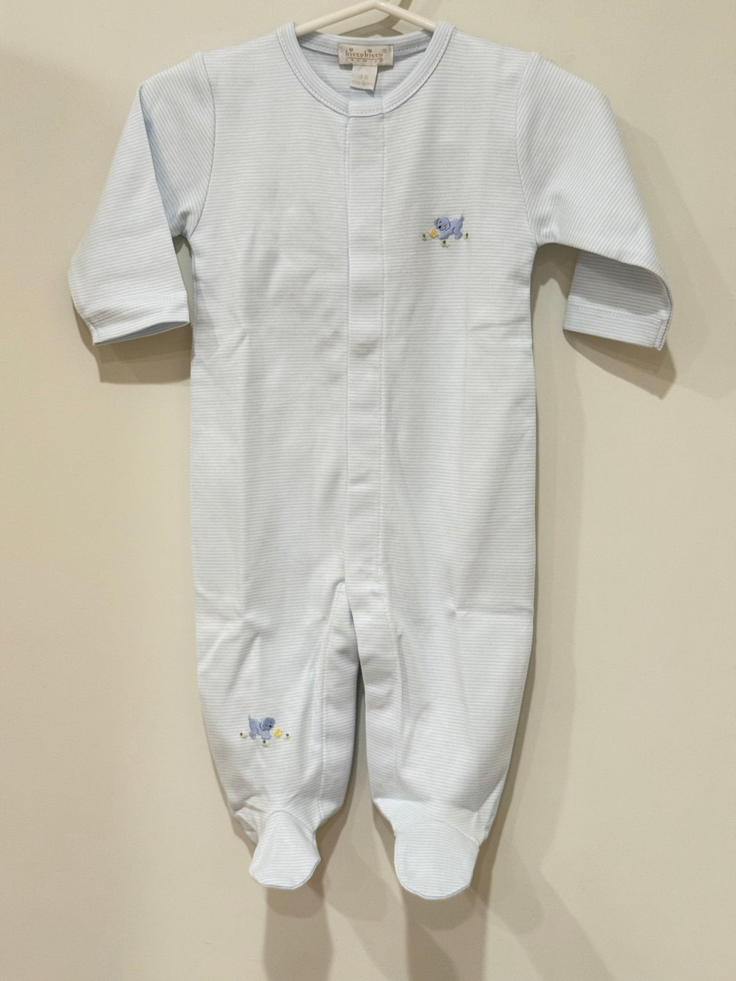 Light Blue Stripe Footie w/ Dog Embroidery