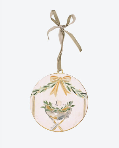 Metal Disc Ornament Manger with Bow Glitter Accents 6''