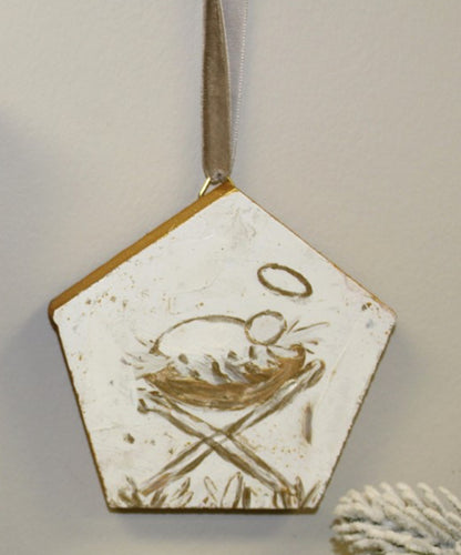 Pentagon Hand Painted Wood Ornament Manger 4x4’’