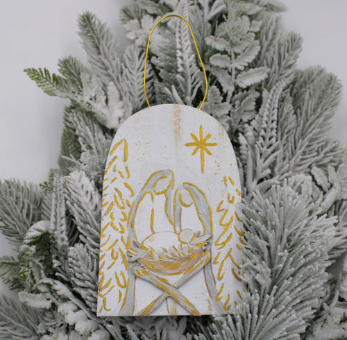 Layered Wood Ornament Neutral Holy Family 4x.5x6