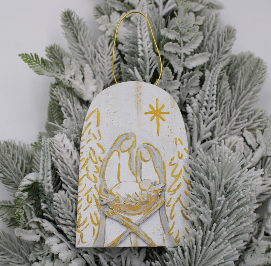 Layered Wood Ornament Neutral Holy Family 4x.5x6