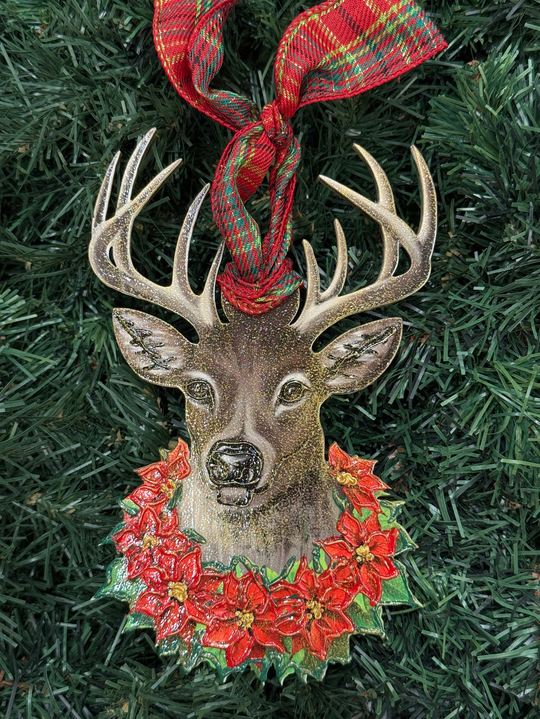 Buck/Poinsettia Wreath Wooden Ornament
