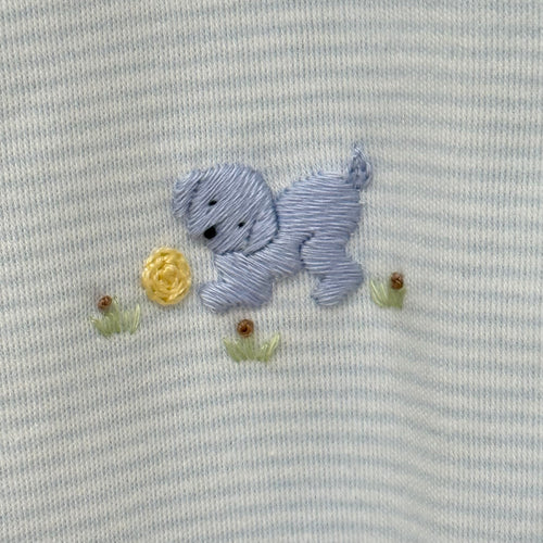 Light Blue Stripe Footie w/ Dog Embroidery