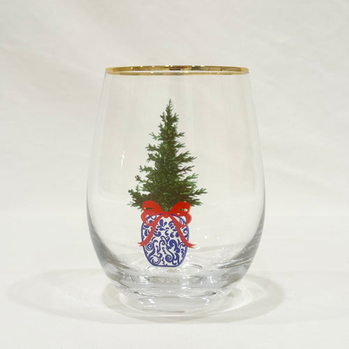 Glass Stemless Wine Chinoiserie Tree