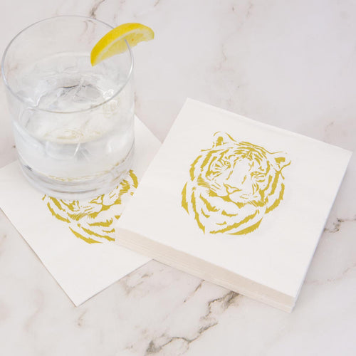 Easy 5” Cocktail Napkin - White/Gold Tiger