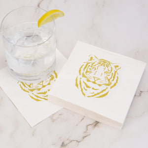 Easy 5” Cocktail Napkin - White/Gold Tiger