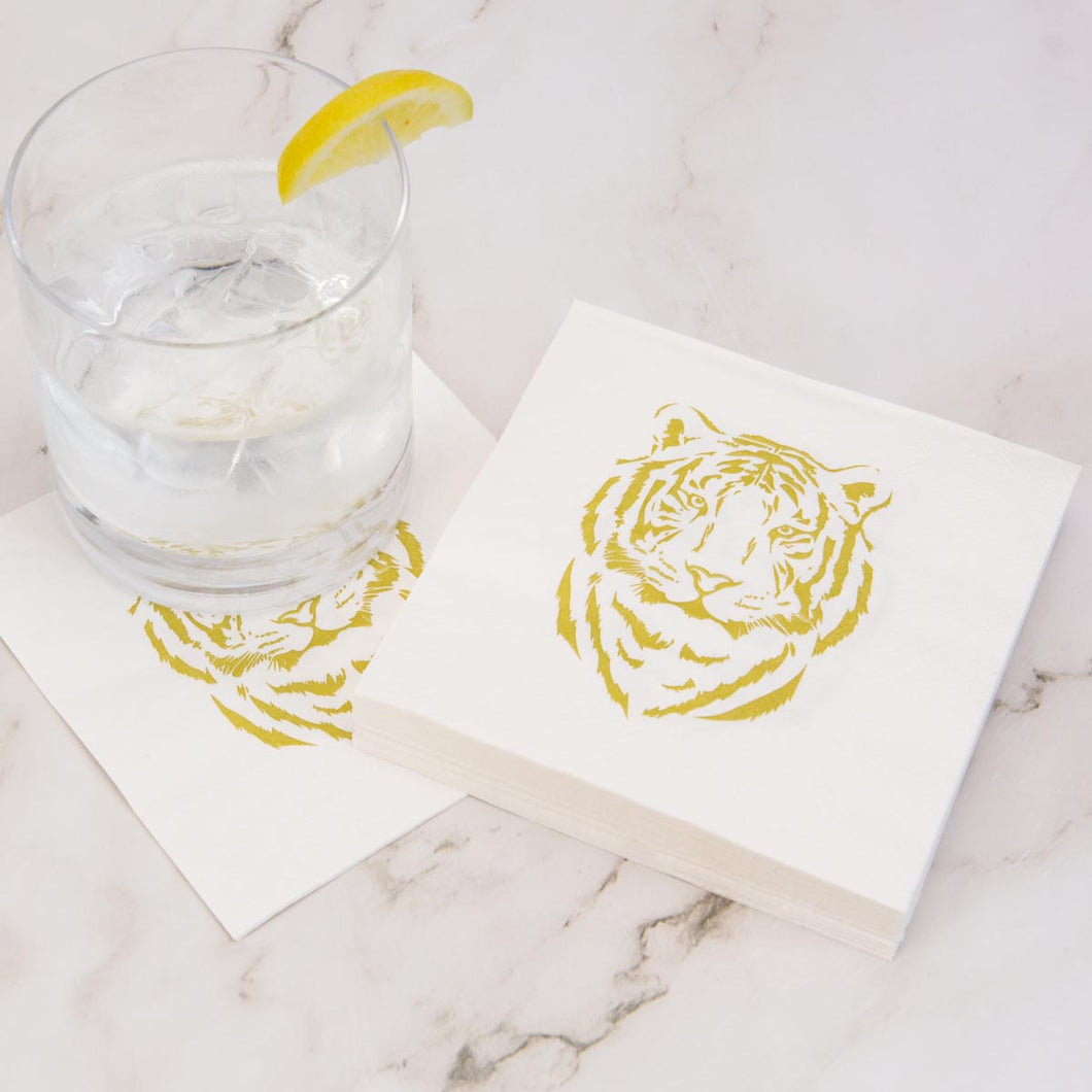 Easy 5” Cocktail Napkin - White/Gold Tiger