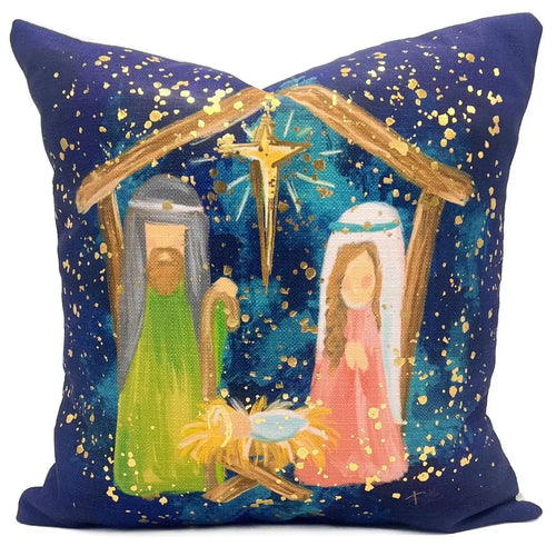 Golden Splatter Navy Nativity w Gold Foil Pillow 20”x20”