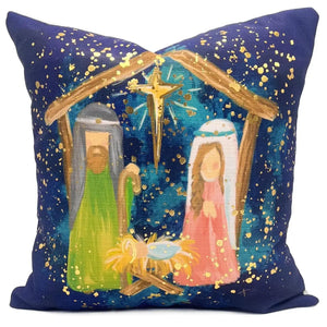 Golden Splatter Navy Nativity w Gold Foil Pillow 20”x20”
