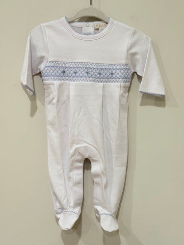 White Footie w/ Blue Hand Smocking