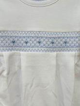 Load image into Gallery viewer, White Footie w/ Blue Hand Smocking