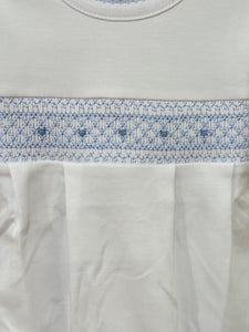 White Footie w/ Blue Hand Smocking