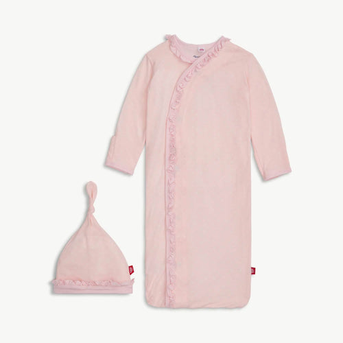 Pin Dot Ruffle Placket Gown + Hat Set NB-3M