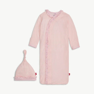 Pin Dot Ruffle Placket Gown + Hat Set NB-3M