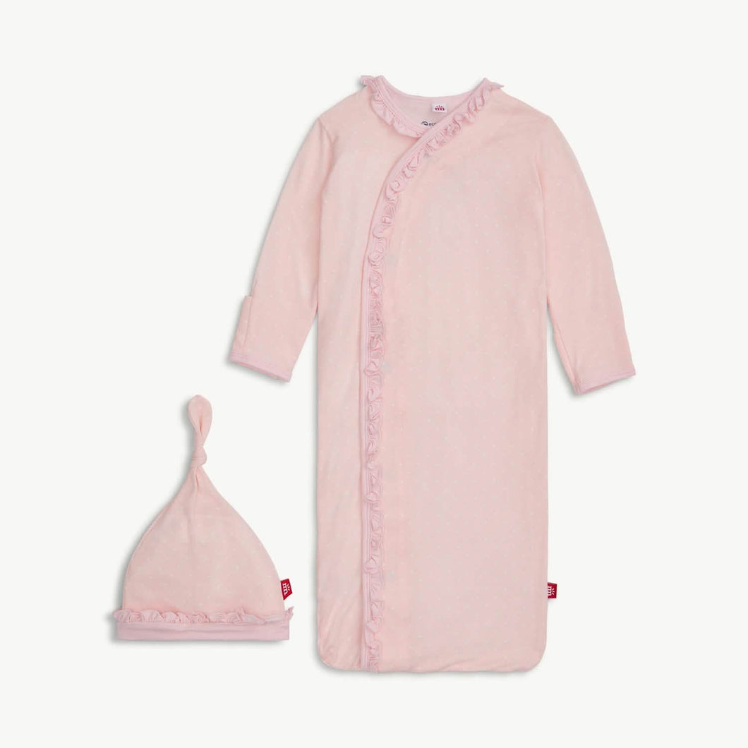 Pin Dot Ruffle Placket Gown + Hat Set NB-3M