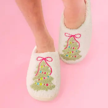 Pink Bow Christmas Tree Slippers- Adult